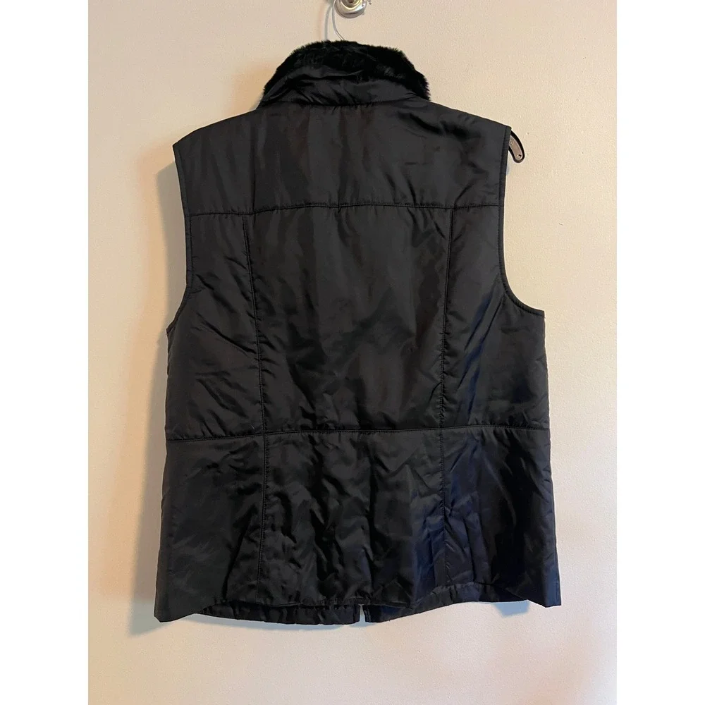 First Issue Liz Claiborne Black Puffer Vest Faux Fur Collar Large RN 52002
